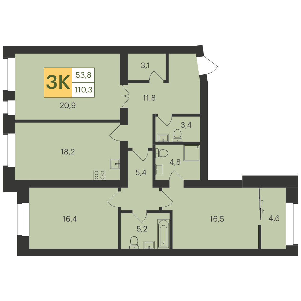 3-комнатная квартира, 110.7 кв.м, ЖК «Велтаун»