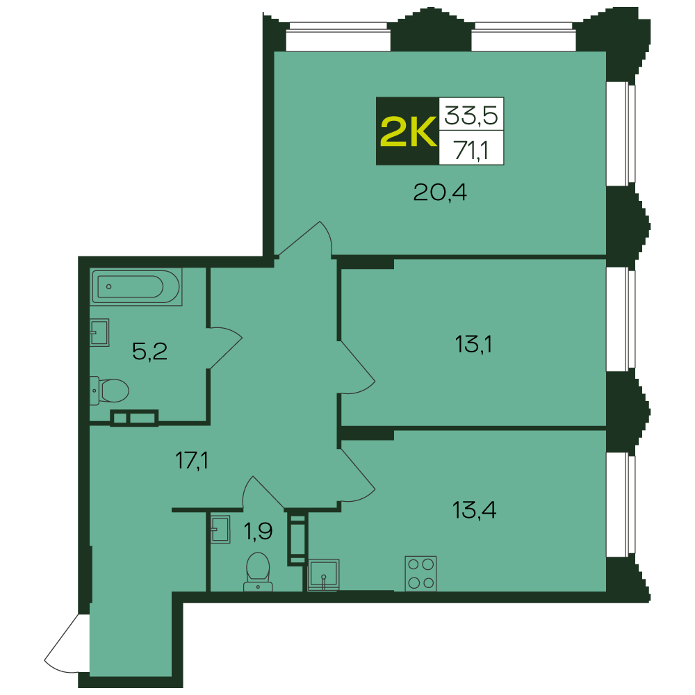 2-комнатная квартира, 71.5 кв.м, ЖК «Ялав»