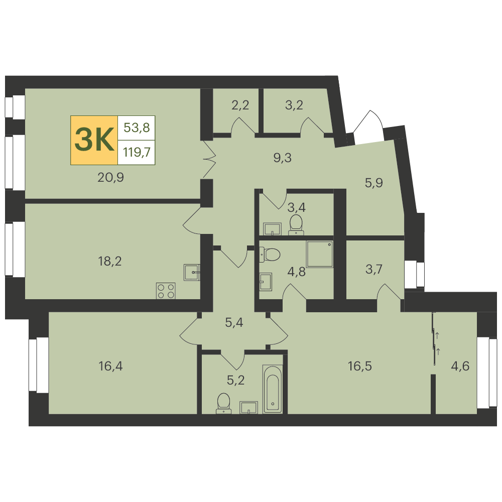 3-комнатная квартира, 120.1 кв.м, ЖК «Велтаун»