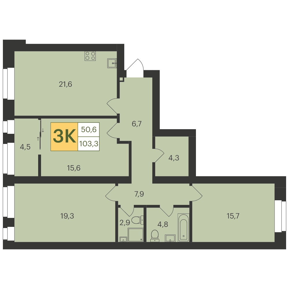 3-комнатная квартира, 103.9 кв.м, Welltown (Велтаун)