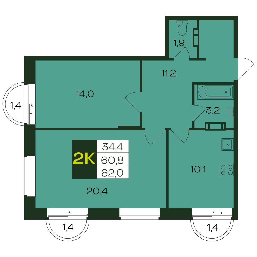 2-комнатная квартира, 61.9 кв.м, Ялав, изображение-4