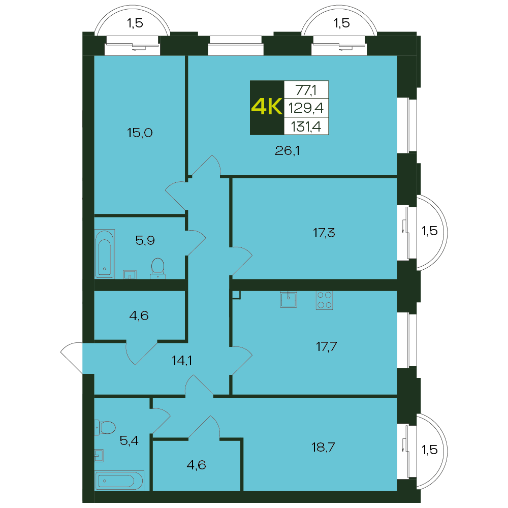 4-комнатная квартира, 131.1 кв.м, Ялав, изображение-10