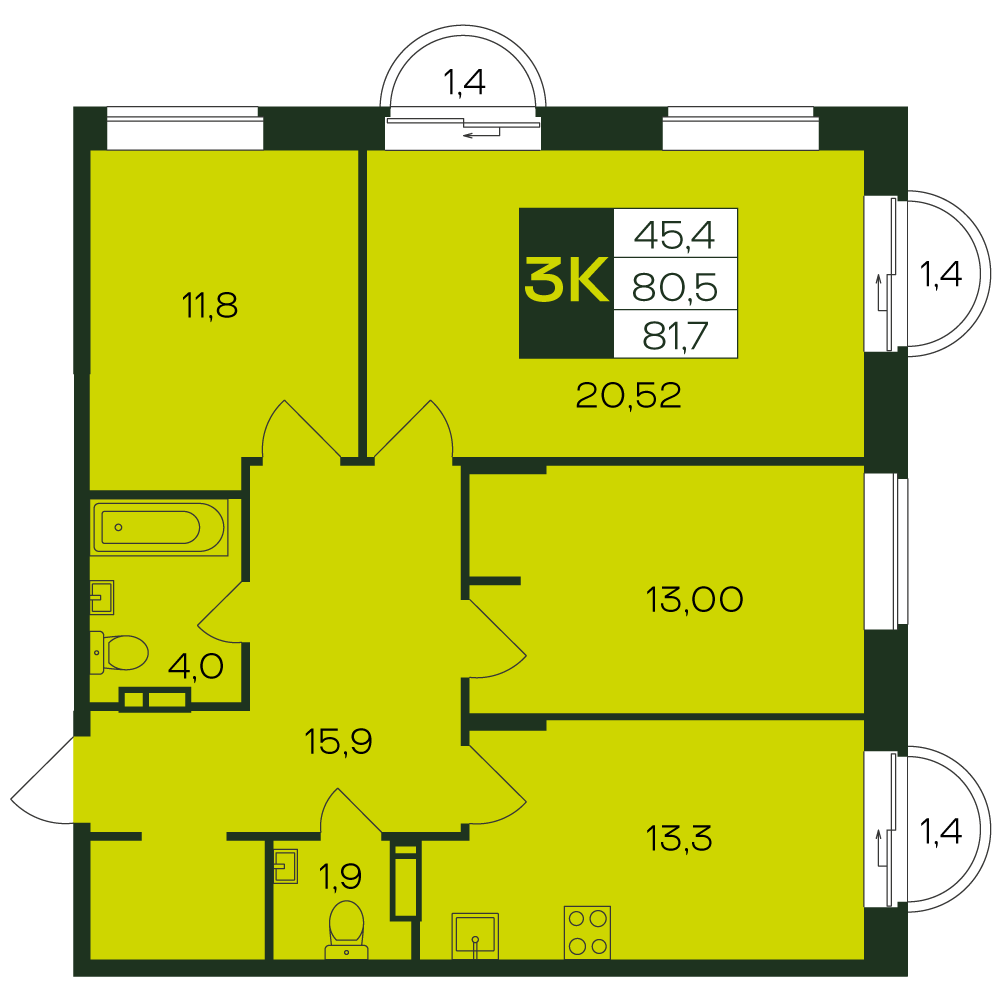 3-комнатная квартира, 81.8 кв.м, Ялав, изображение-4