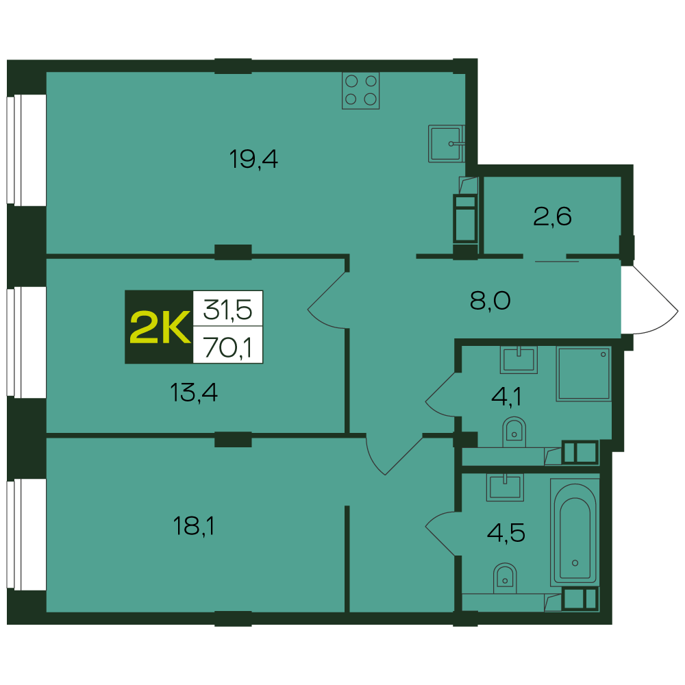 Планировка 2-комн. 5
